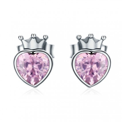 Cercei cu surub din argint 925 pink heart crown